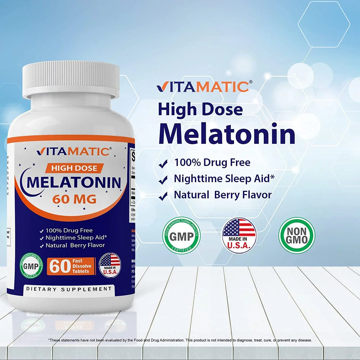 Fast Non-GMO, 60mg Tablets Dissolve Tablets - Berry Vegan Natural Forming Melatonin 60 Gluten Flavor (2 Bottles) Non-Habit - Vitamatic - Free