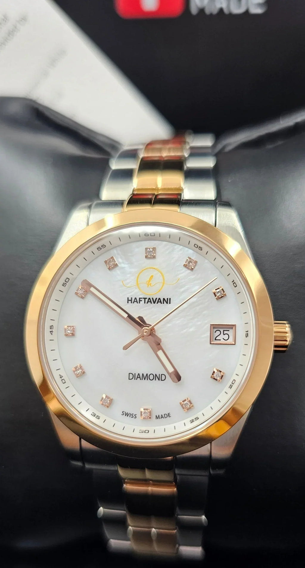 Diamonds -100M Stainless – Swiss - Haftavani Queen Watch - With Lady Diamond Marble Bicolour Silver-Rose Waterproof Quartz Gold Steel Face Genuine Made
