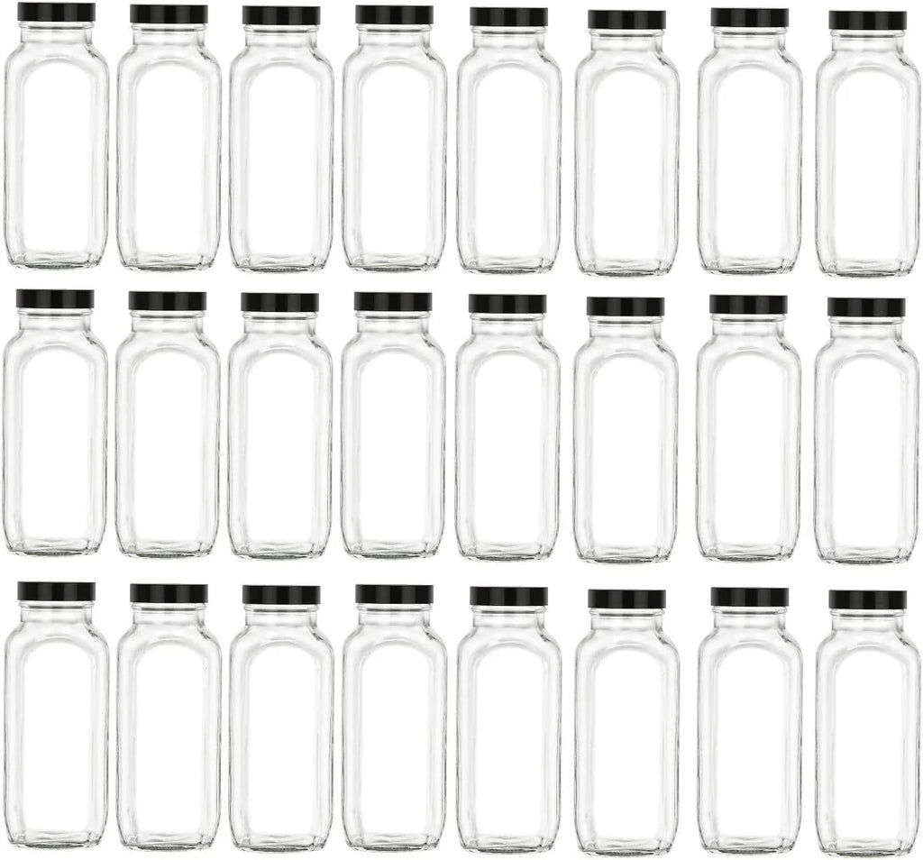 16 , Kombucha, Square With Glass Mouth Pcs (Black, Juices, Wide French With 24 Airtight, Dressings Lids BPA Lids Bottle Oz Leak 24) Fruit Proof - Black Set For