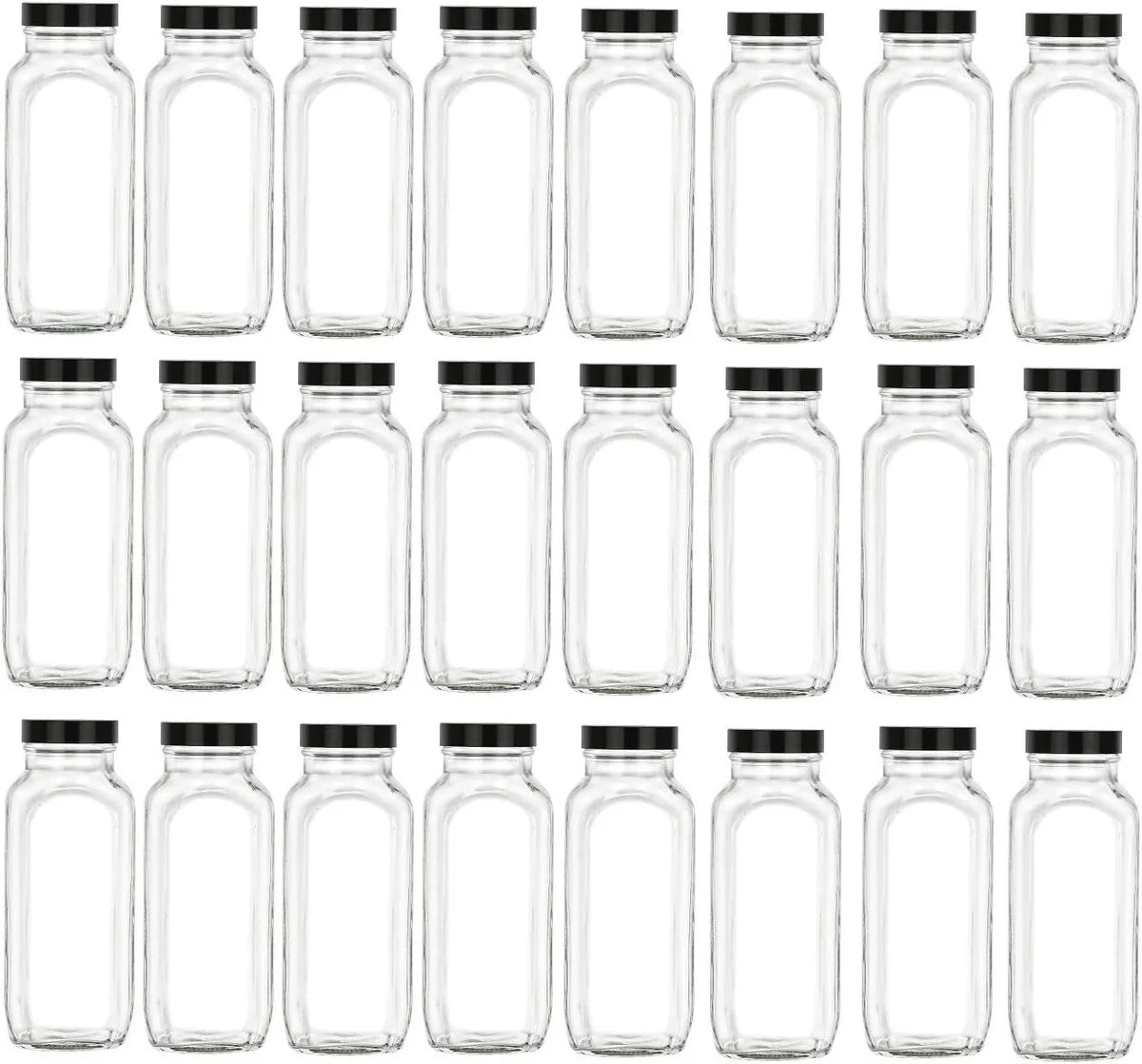 16 , Kombucha, Square With Glass Mouth Pcs (Black, Juices, Wide French With 24 Airtight, Dressings Lids BPA Lids Bottle Oz Leak 24) Fruit Proof - Black Set For
