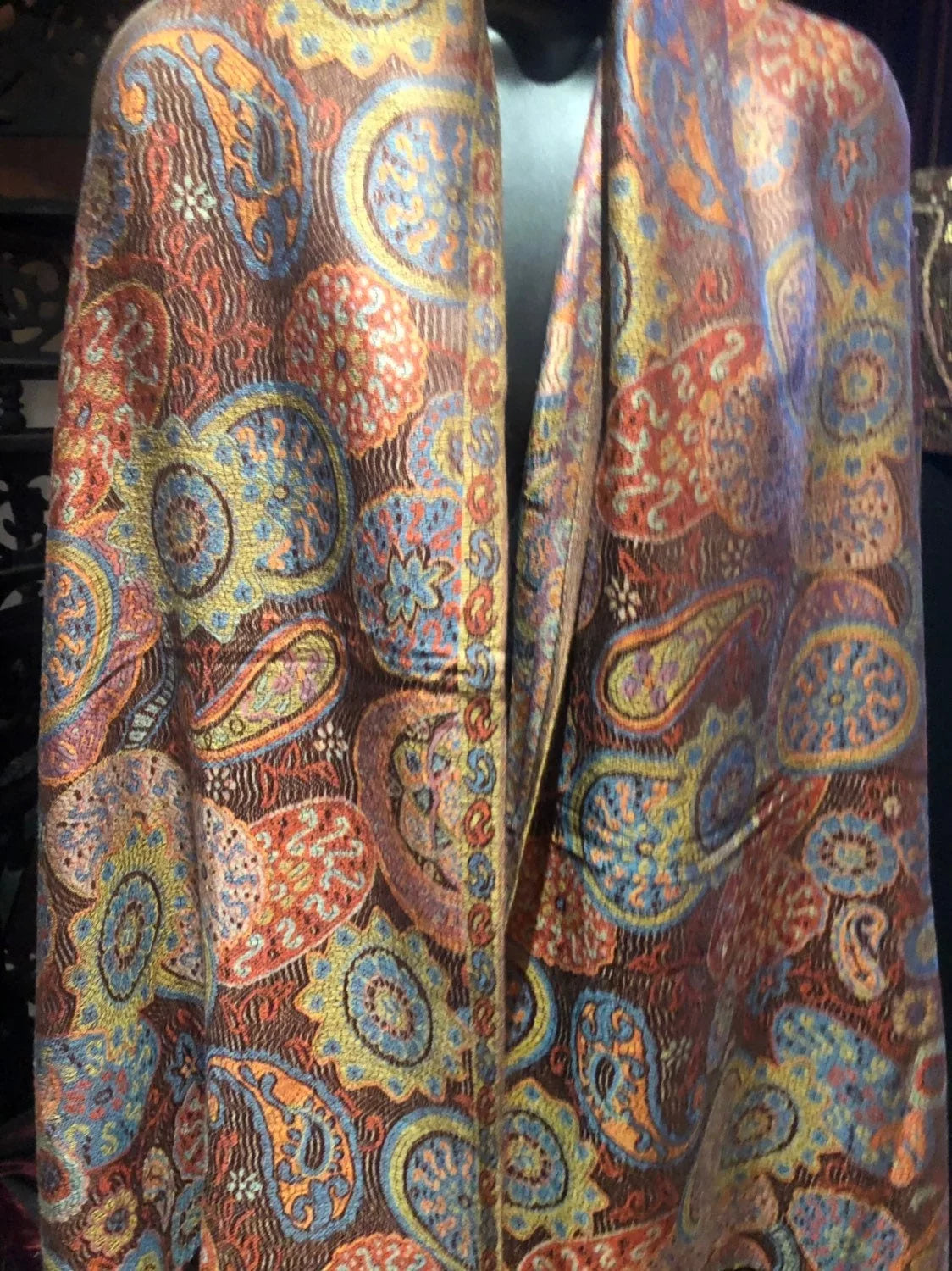 Brown Pashmina Wrap Orange Vintage Brocade Scarf Paisley