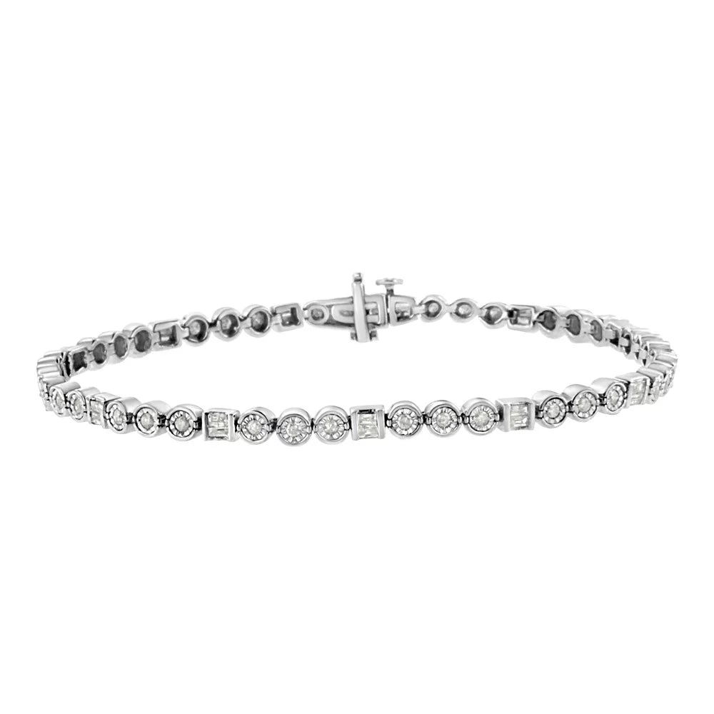 Channel Miracle Set - Alternating Cttw 7.25" Clarity) Set Diamond Link Round 1.0 Bracelet Silver I3 Sterling Color, Baguette .925 (I-J and