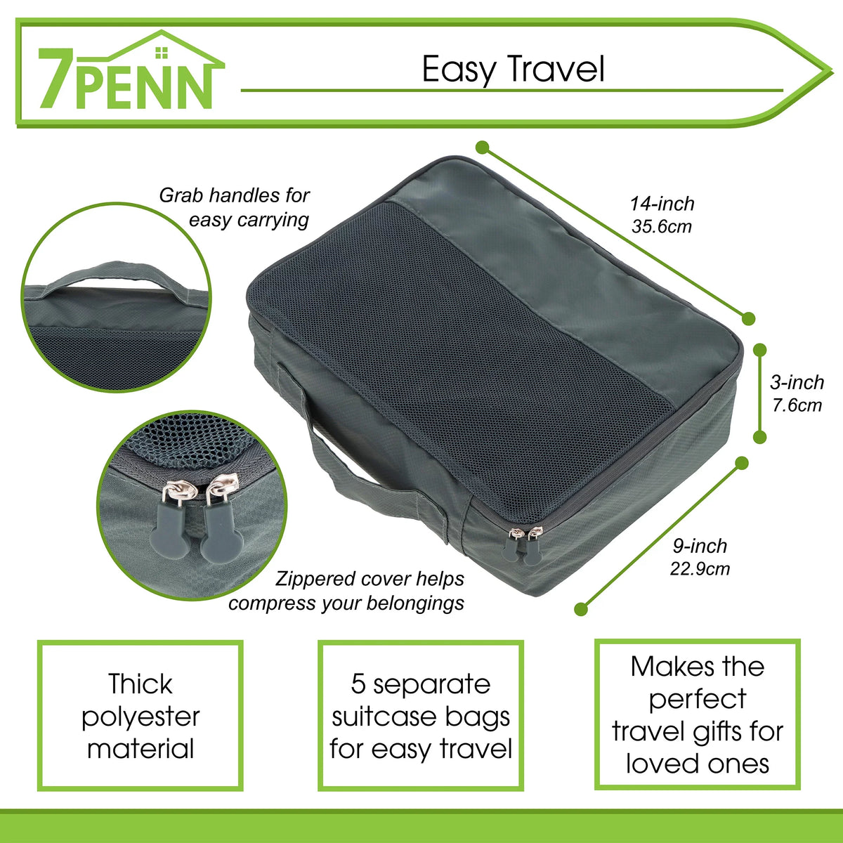 for Set Travel 7Penn Organizers Packing Luggage 5pk Premium Cubes - Black