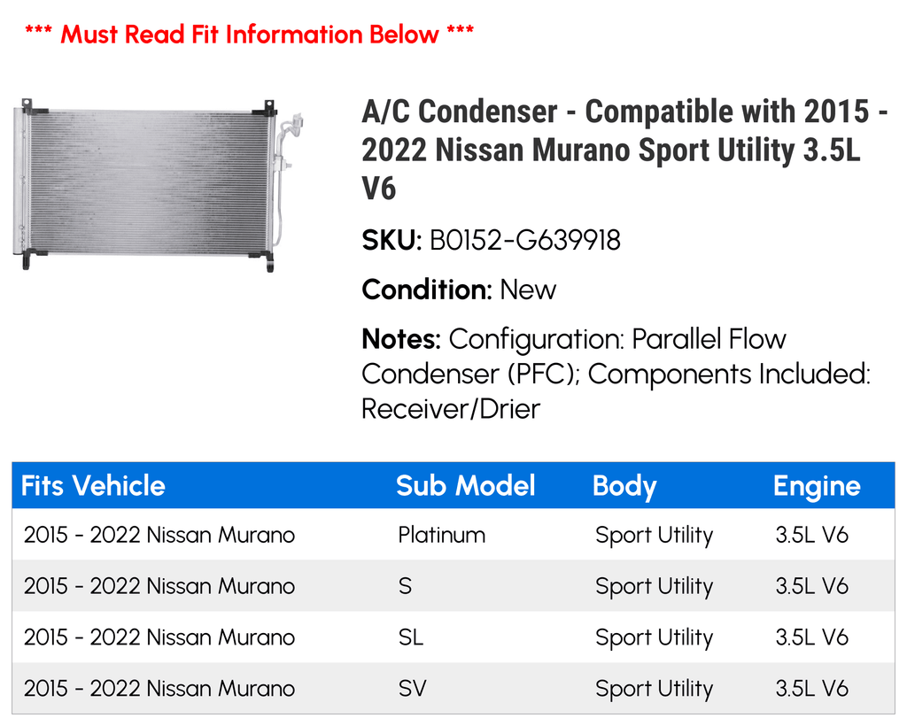2020 V6 3.5L 2017 2021 Sport with A/C - 2015 2022 Nissan Utility 2019 Murano 2016 Compatible 2018 - Condenser