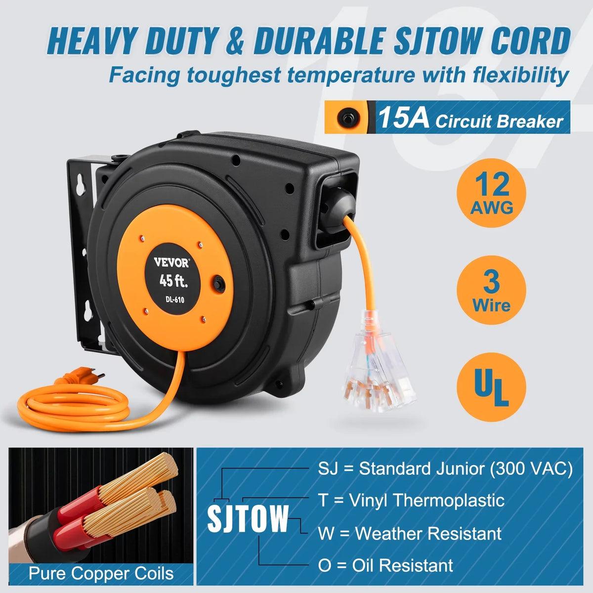 SJTOW Cord Cord BENTISM Retractable Power UL Reel 45FT 12AWG/3C Reel Extension