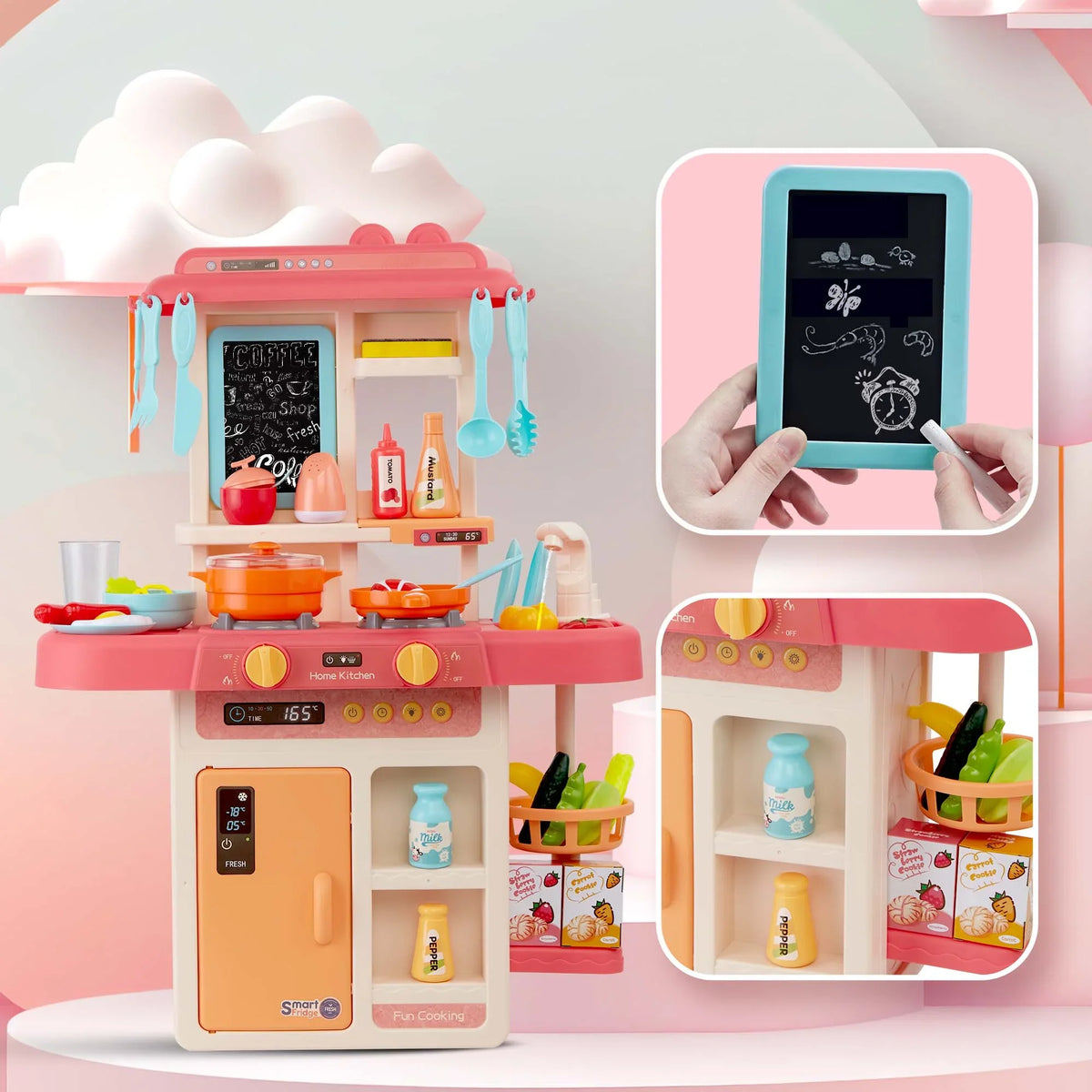 Toys Kids Sounds with Preschool for Educational Toys Kitchen Pink 42-Pack Accessories Toddlers, Girls Toddler Set Kitchen for and Play Toy for Lights, Food, Boys, Pretend Set Real