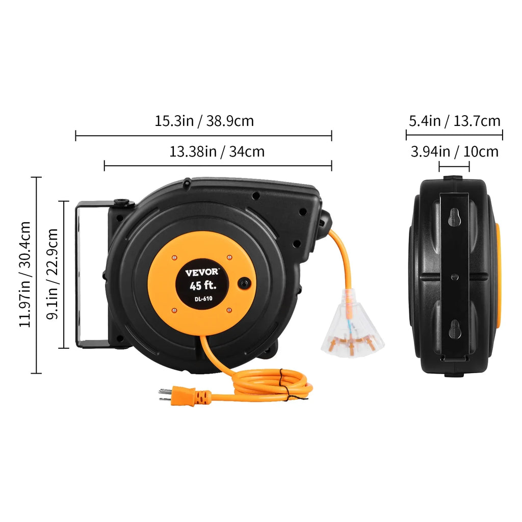 SJTOW Cord Cord BENTISM Retractable Power UL Reel 45FT 12AWG/3C Reel Extension