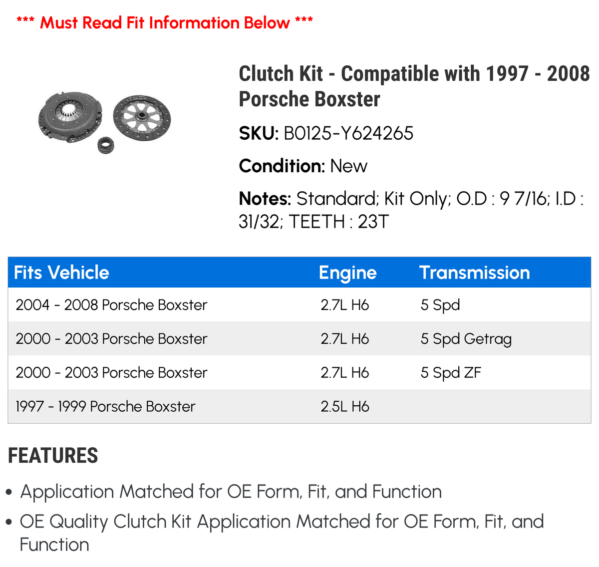 2001 2003 2004 Porsche Boxster 2008 1999 Kit Clutch 1998 - 2005 2002 2007 2006 1997 Compatible 2000 with -