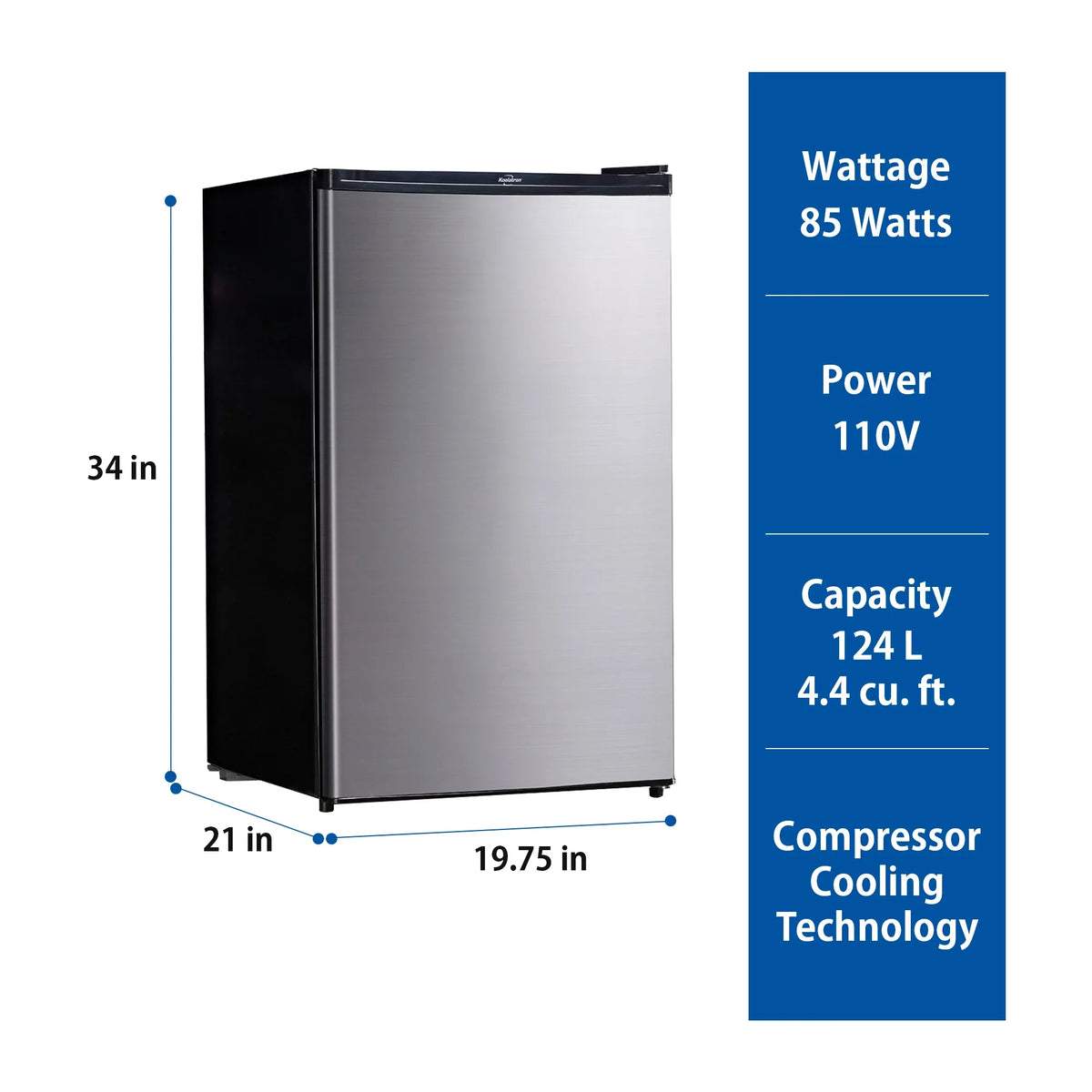 Koolatron Freezer Steel Fridge 4.4 Cu Stainless Compact Ft (124L) Refridgerator with