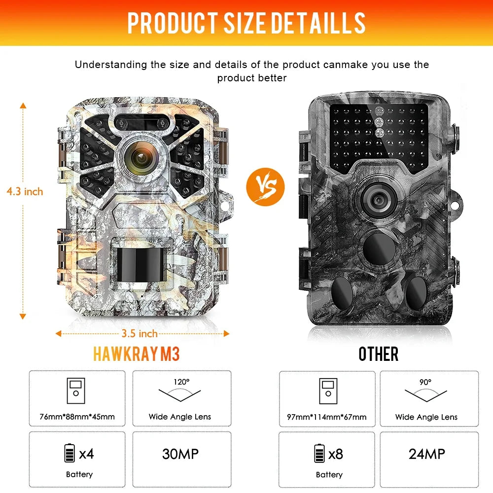 Surveillance, Infrared 120° Vision Angle Game Farm Monitor Trail Camera Trail Monitoring, Night with 2 Wide Camera, Waterproof 30MP Wildlife Pack with 2k Hunting Lens
