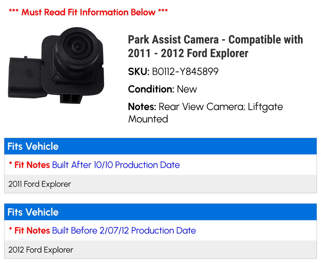 Compatible - 2011 2012 - Ford with Assist Camera Explorer Park
