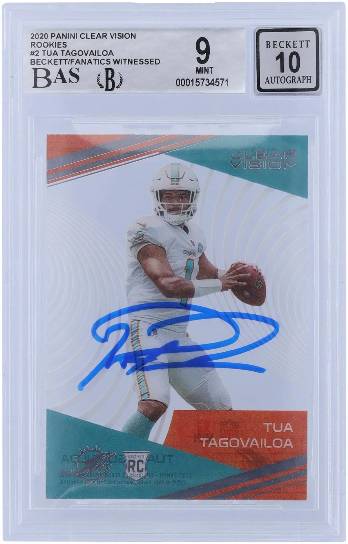 2020 Rookies Tua Authentic Rookie Dolphins Fanatics Panini Authenticated Tagovailoa Clear Miami Vision #CV-2 Autographed Card Certified - Beckett 9/10 Fanatics Witnessed