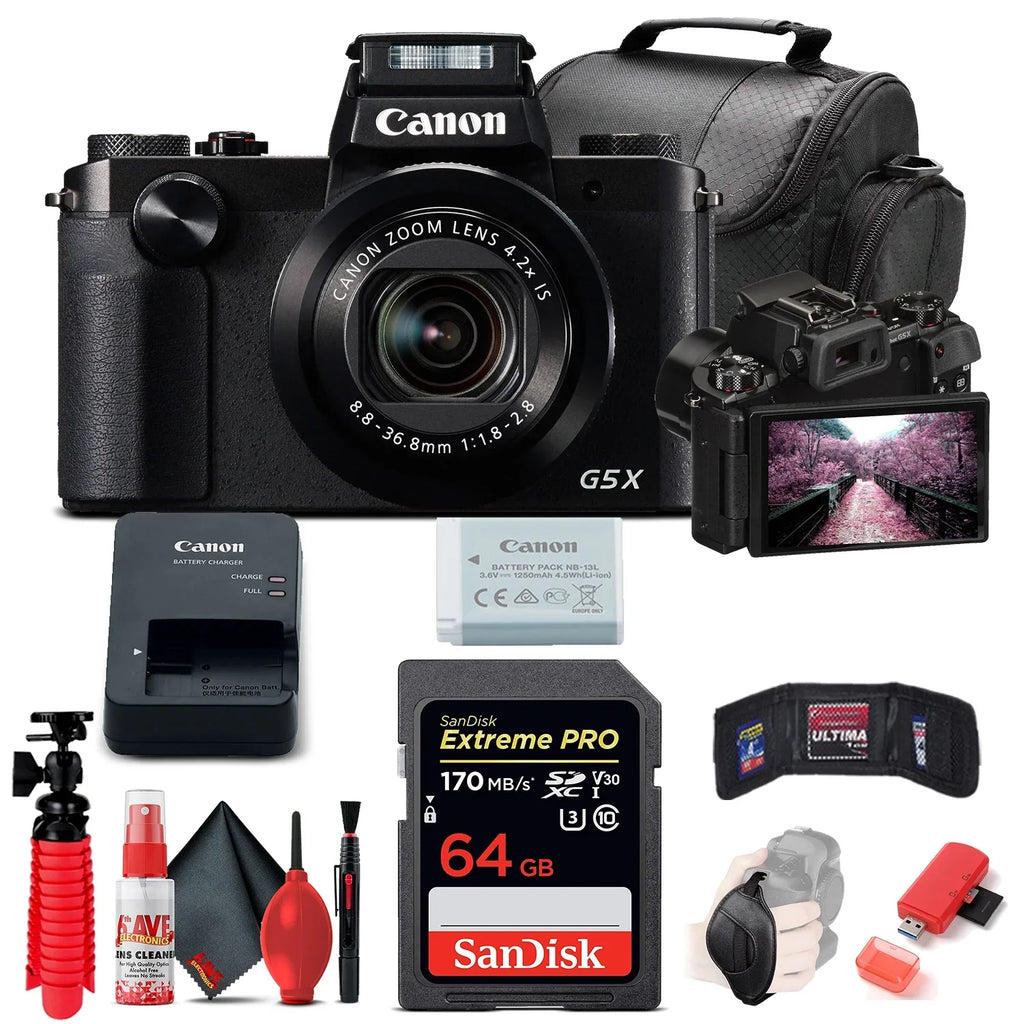 Card, G5 Kit (0510C001), Soft Reader, Digital Strap, Bag, Memory Deluxe Card Flex 64GB (International Cleaning Canon X Tripod, Hand Wallet, Model) Camera PowerShot