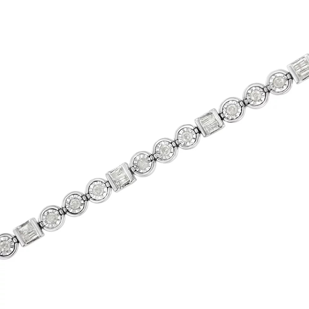 Channel Miracle Set - Alternating Cttw 7.25" Clarity) Set Diamond Link Round 1.0 Bracelet Silver I3 Sterling Color, Baguette .925 (I-J and