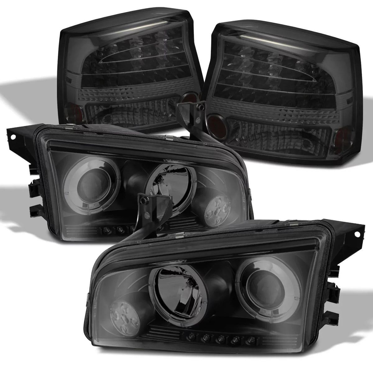 [LED + 2006-2008 Tail in AKKON Lights Charger Tail + Dual Halo Headlights Housing Smoke - Headlights]Fits Black Dodge