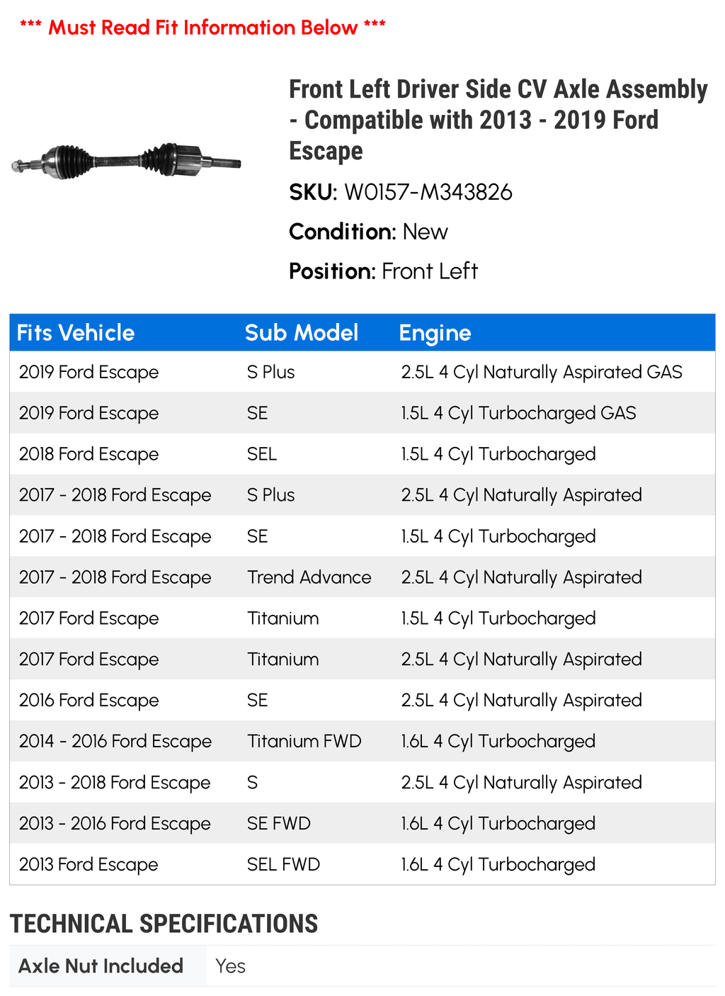 2013 2019 Assembly CV with 2016 Driver 2018 Ford Axle Side Compatible Left Front 2017 2015 - Escape 2014 -
