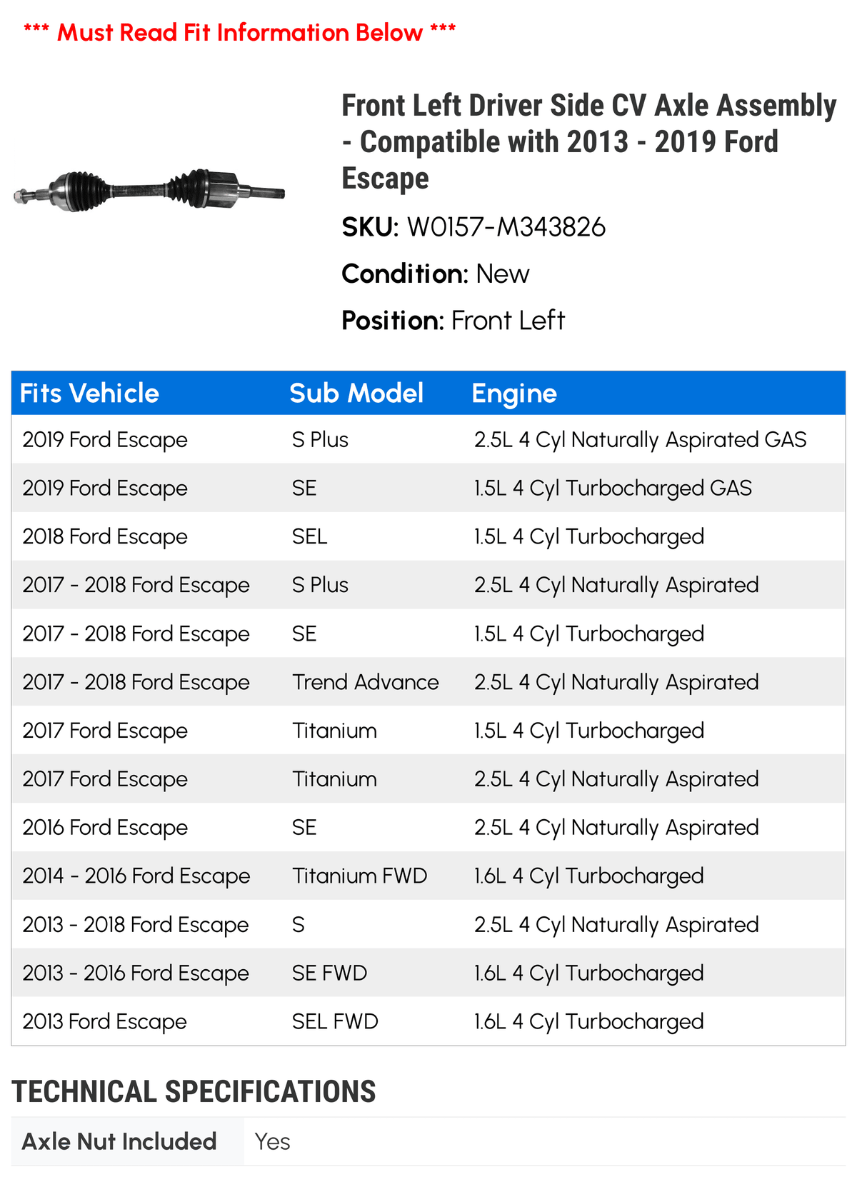 2013 2019 Assembly CV with 2016 Driver 2018 Ford Axle Side Compatible Left Front 2017 2015 - Escape 2014 -