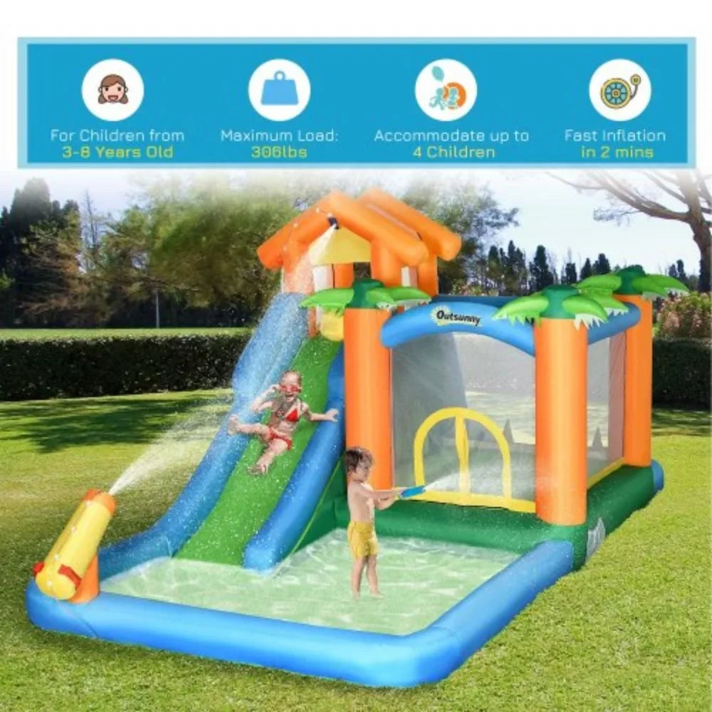 air-filled Summer with Tropical Theme Pool Wall 6-in-1 Includes Blower Carry Air Climbing Cannon Floating Ball Repair and Patches Castle Jumping 450W Trampoline Slide Bag, Water Slide Outsunny