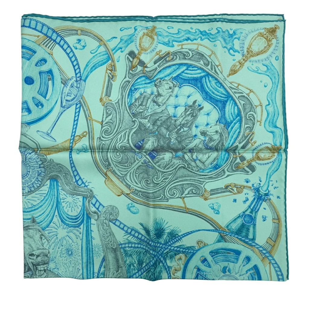 Pre-Owned (Like Kare90 New) Award Silk Hermes Blue HERMES Horsewards Gray Large Horse Scarf Ladies The Green