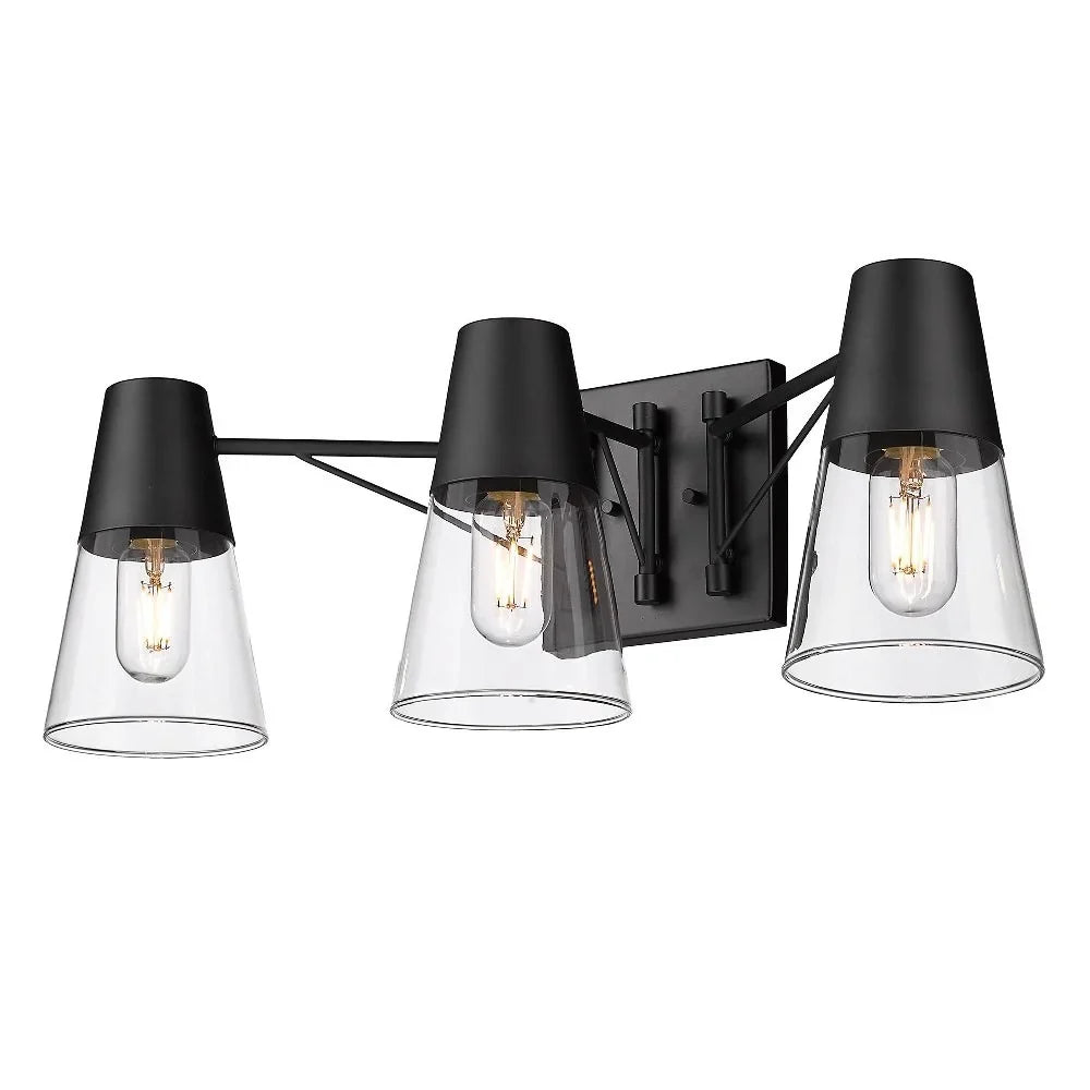 Lighting Ryker Metal/Glass Vanity Bath 3-Light Golden in Black/Clear Matte
