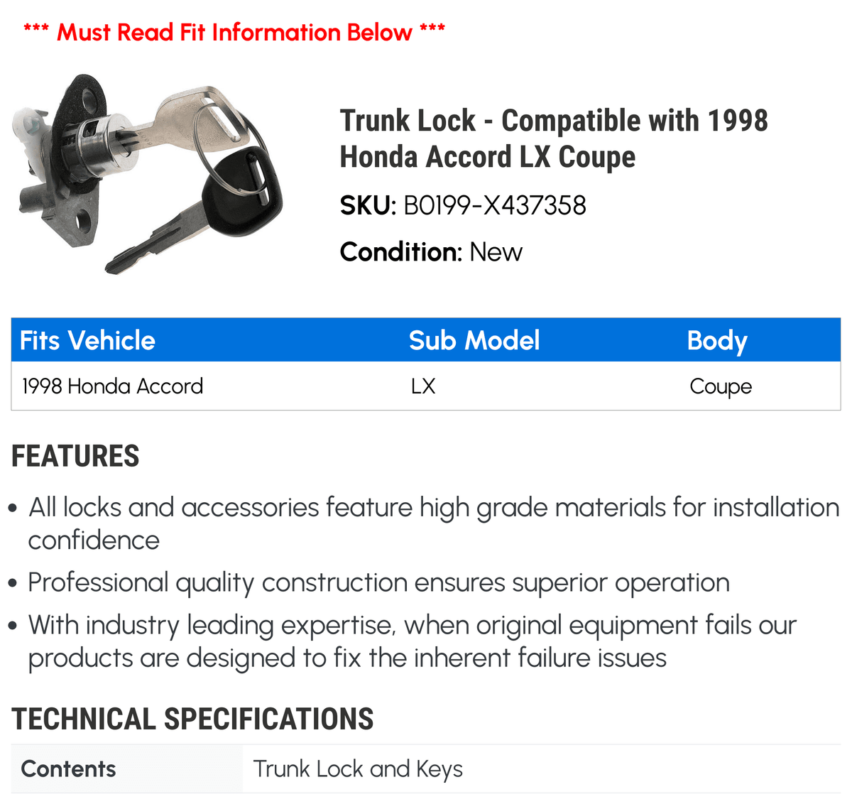 Compatible Lock LX with Trunk Coupe Honda 1998 Accord -