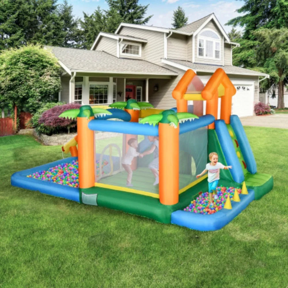 air-filled Summer with Tropical Theme Pool Wall 6-in-1 Includes Blower Carry Air Climbing Cannon Floating Ball Repair and Patches Castle Jumping 450W Trampoline Slide Bag, Water Slide Outsunny