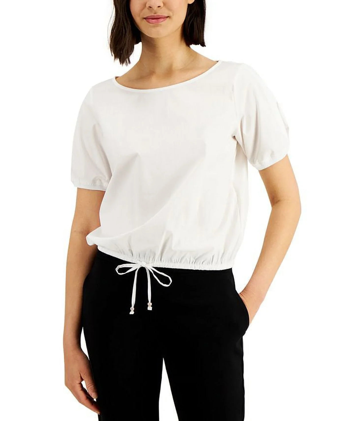 White Size Drawstring Top Donna Sleeve Small Women's Puff Karan
