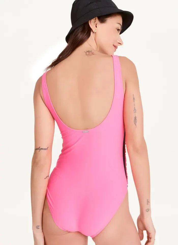 US One-Piece DKNY NEON PINK Swimsuit, 8 Mesh-Contrast Ruched