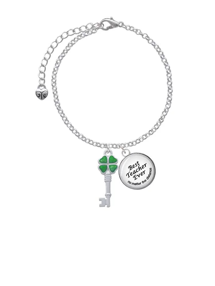 Four Best Bracelet Silvertone Key Dome Lucky Charm Jewelry Teacher Ever Clover Delight Leaf Translucent Green