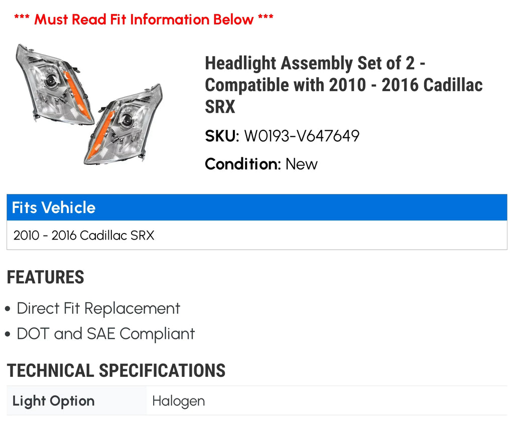 2014 2011 2013 Assembly Compatible 2010 with Cadillac 2016 Headlight of 2 - SRX 2015 2012 Set -