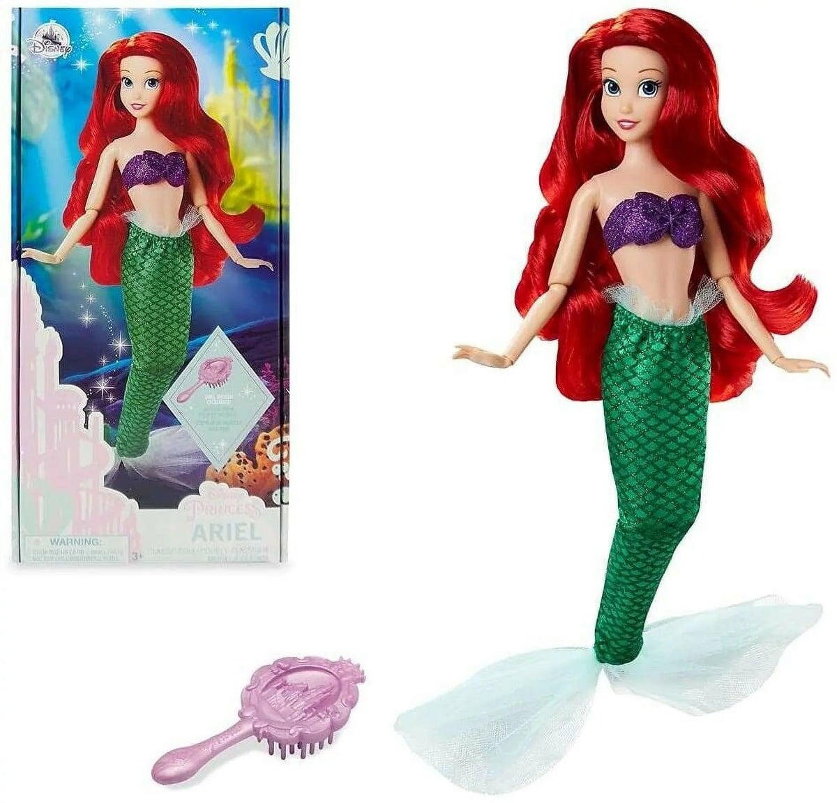 Princess w Little Ariel 11.5” Classic Doll Mermaid Brush Boxed Hairbrush Figure New