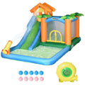 air-filled Summer with Tropical Theme Pool Wall 6-in-1 Includes Blower Carry Air Climbing Cannon Floating Ball Repair and Patches Castle Jumping 450W Trampoline Slide Bag, Water Slide Outsunny