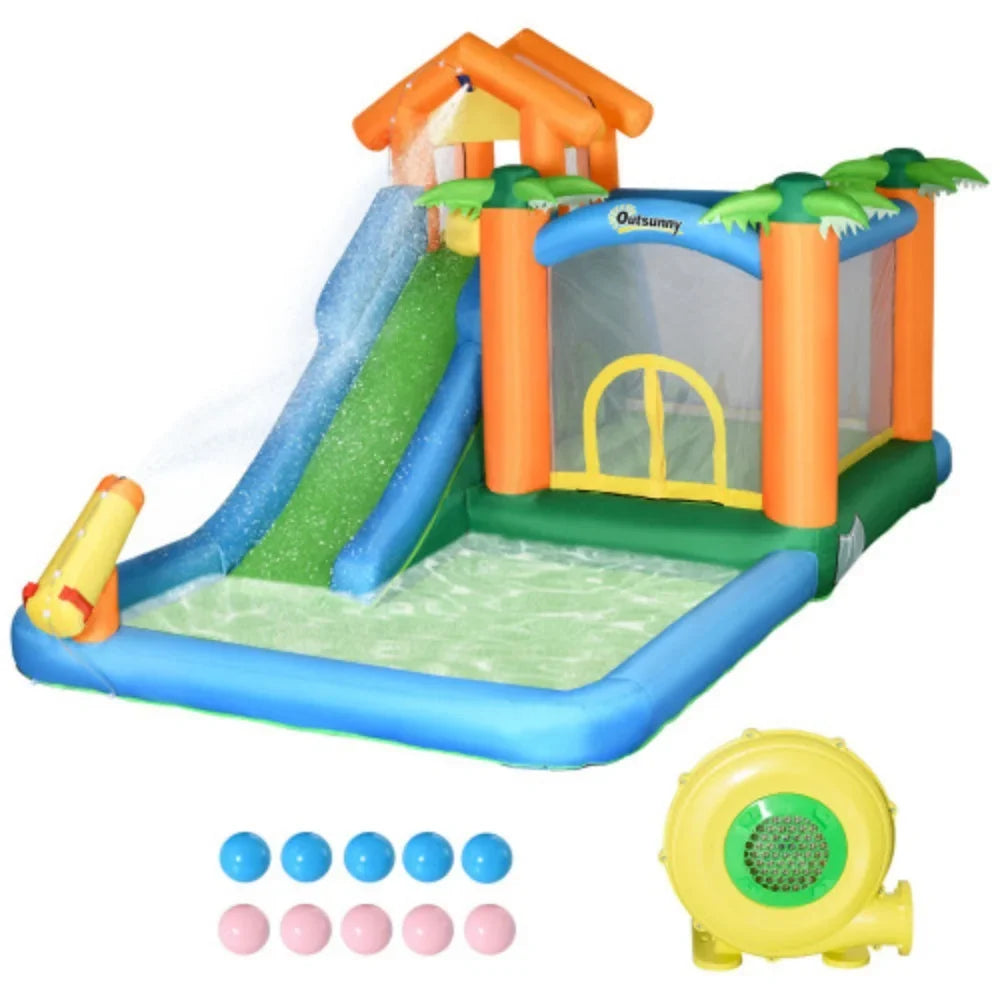 air-filled Summer with Tropical Theme Pool Wall 6-in-1 Includes Blower Carry Air Climbing Cannon Floating Ball Repair and Patches Castle Jumping 450W Trampoline Slide Bag, Water Slide Outsunny