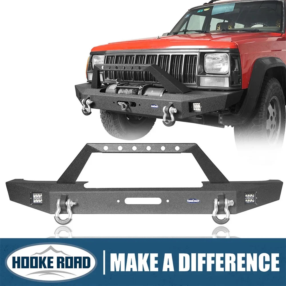 LED W/ Road Winch Front Steel Bumper & Jeep Cherokee XJ Fit 1984-2001 Hooke Spotlights Plate