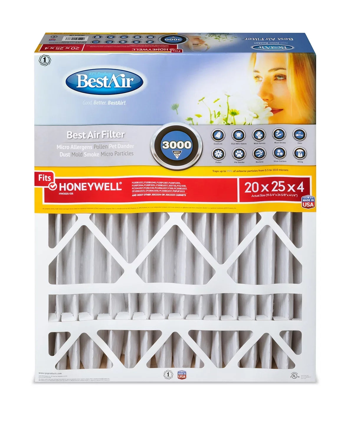 BestAir Filter HW2025-13R 20x25x4 13 MERV 3000 Furnace Series Honeywell