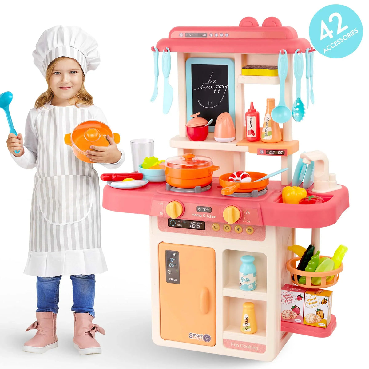 Toys Kids Sounds with Preschool for Educational Toys Kitchen Pink 42-Pack Accessories Toddlers, Girls Toddler Set Kitchen for and Play Toy for Lights, Food, Boys, Pretend Set Real