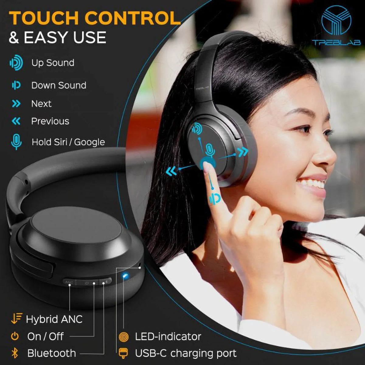 Noise Canceling Headphones Touch PRO Hybryd & USB-C Bluetooth Active Fast with Playtime Z7 (Grey) w/aptX, Control Ear Charging, - Sound, Over Wireless 45H Headphones Mic Stereo TREBLAB - ANC