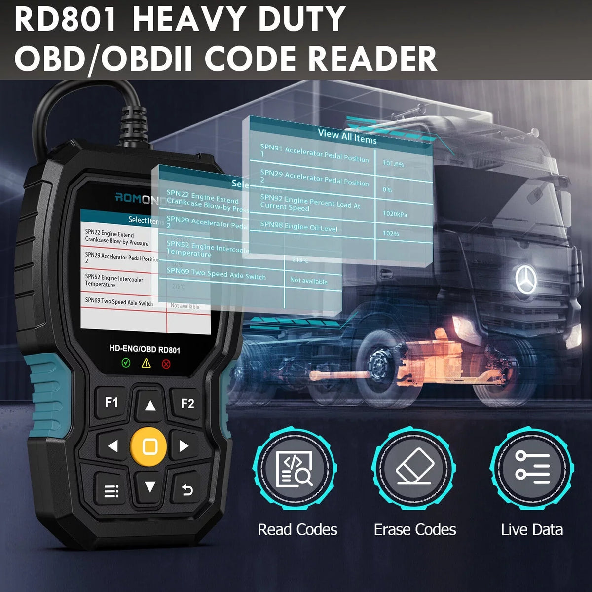 Tools RD801 Scanner Heavy Reset OBD2 Diagnostic Code Oil Duty Truck Reader Romondes Diesel Scanner Truck DPF