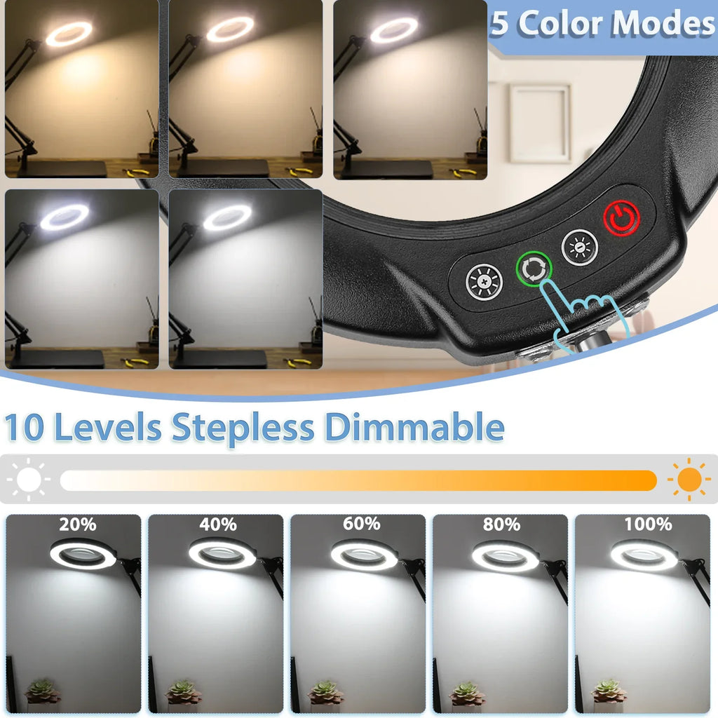 LED Glass Work, Painting, Color Stand, Magnifying Lighted 5 with Modes Hands Sewing with Stepless Light Dimmable, 10X Magnifier Lamp for Magnifying 2-in-1 Craft, Desk Close Free and Clamp,