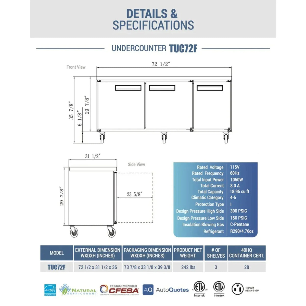 West Kitchen Undercounter 72 Door WDUC72F Worktop 3 Freezer