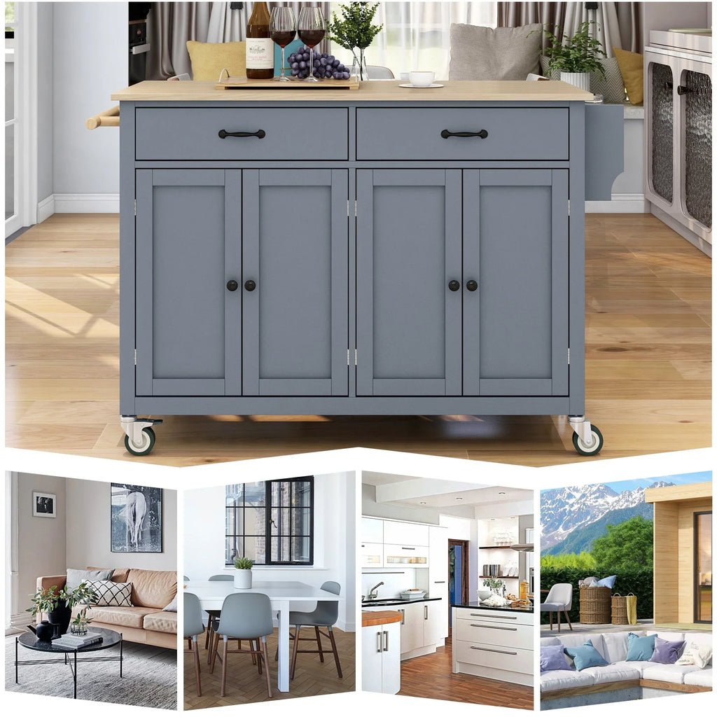 Kitchen Wood Locking - Blue Wheels Grey Top Island Solid Granite with Cart and