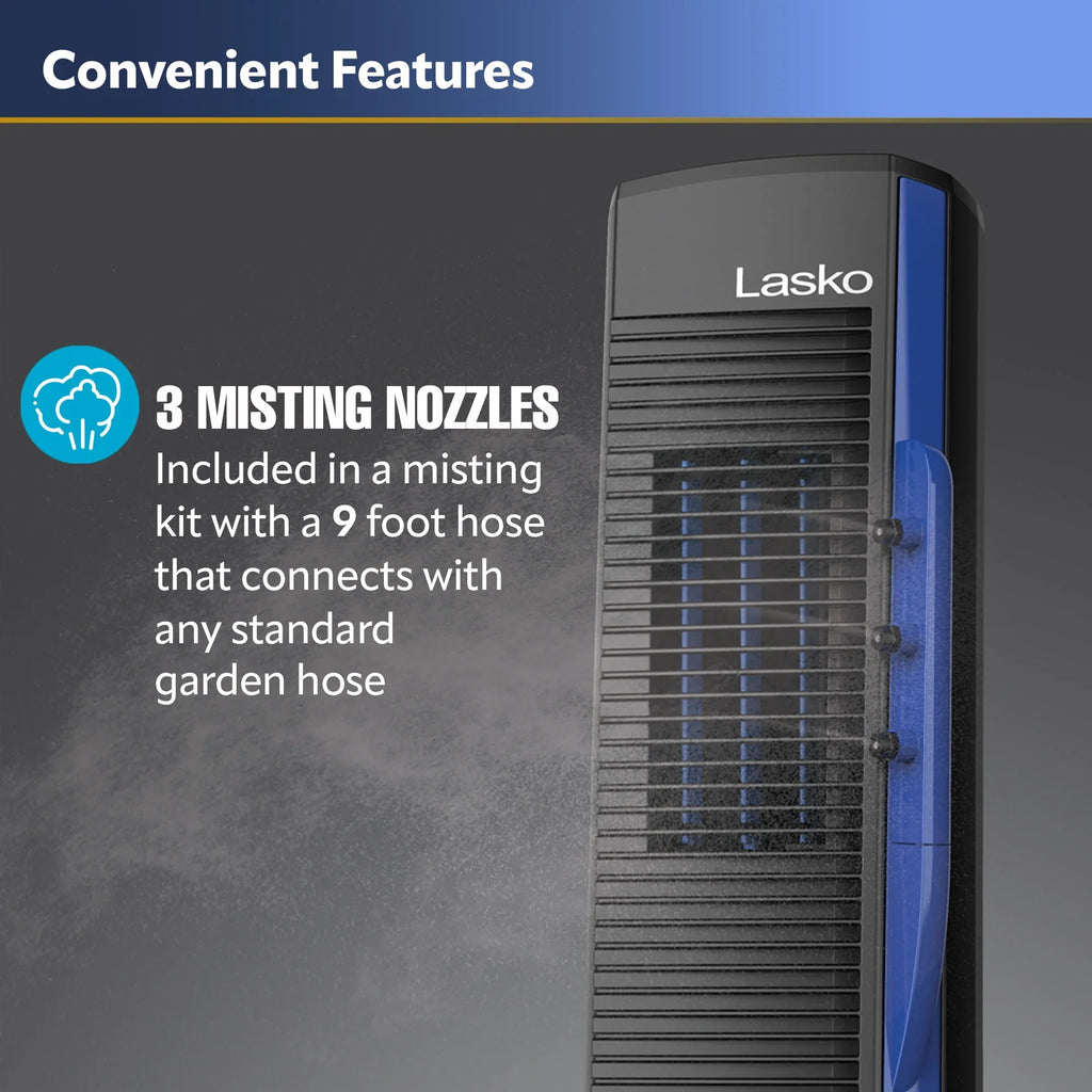 Lasko Power Black Cord, 42” Outdoor Tower Fan 10 Misto with Foot YF300, 4 Speeds, Misting