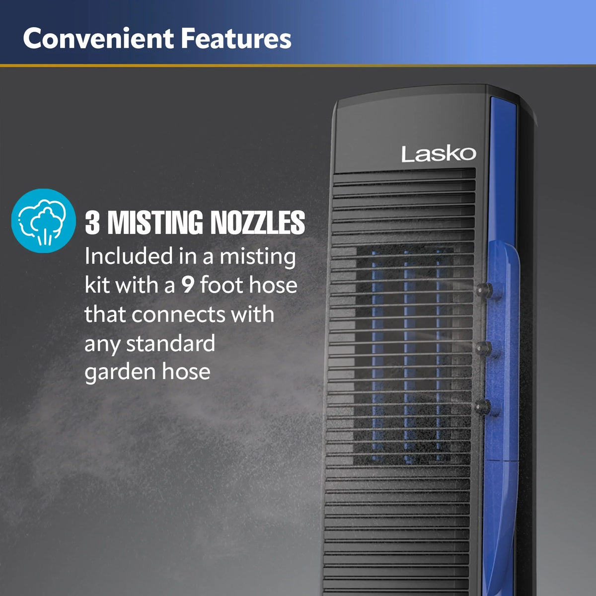 Lasko Power Black Cord, 42” Outdoor Tower Fan 10 Misto with Foot YF300, 4 Speeds, Misting