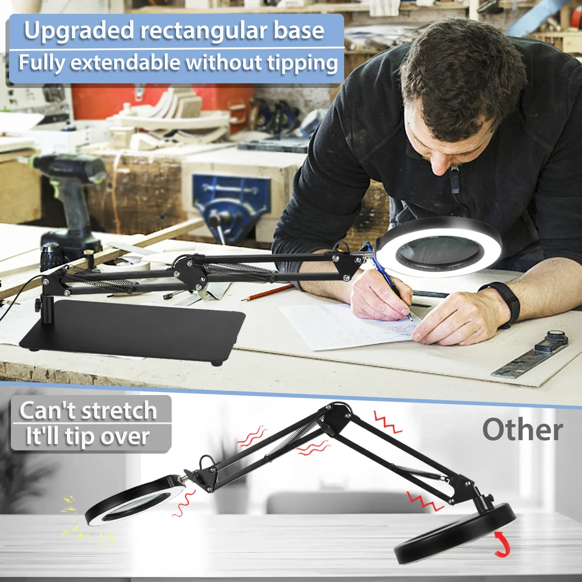 LED Glass Work, Painting, Color Stand, Magnifying Lighted 5 with Modes Hands Sewing with Stepless Light Dimmable, 10X Magnifier Lamp for Magnifying 2-in-1 Craft, Desk Close Free and Clamp,
