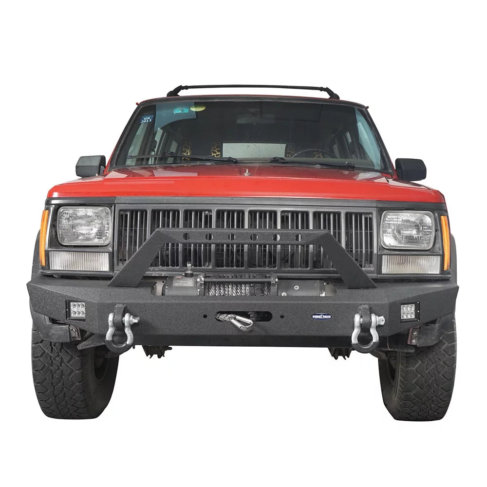 LED W/ Road Winch Front Steel Bumper & Jeep Cherokee XJ Fit 1984-2001 Hooke Spotlights Plate