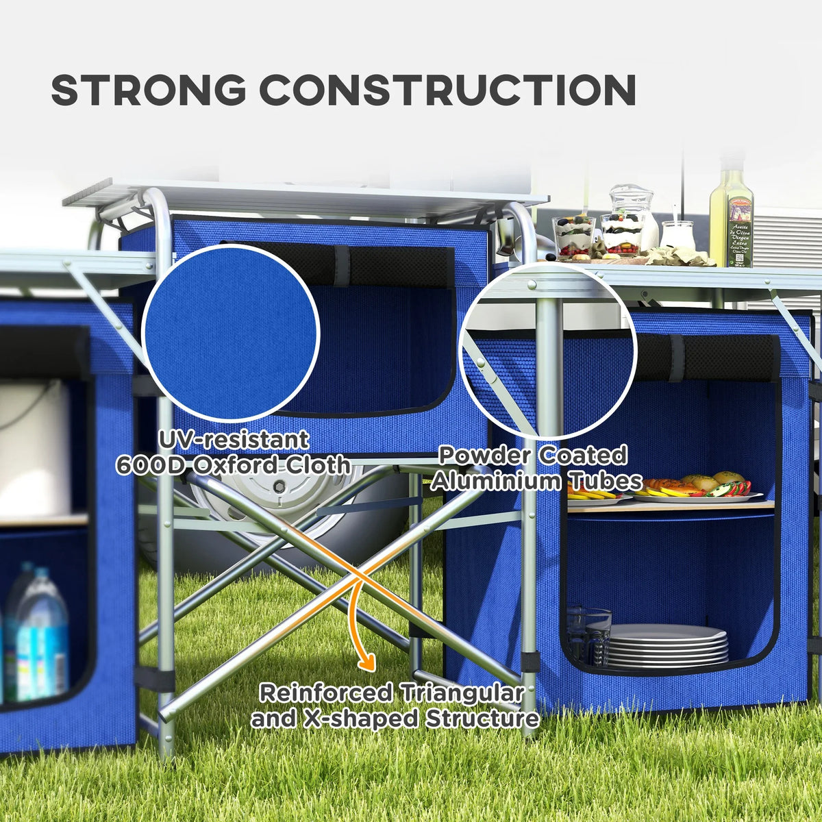 Folding Camping with Cupboards Outsunny Blue Fabric Kitchen Windshield