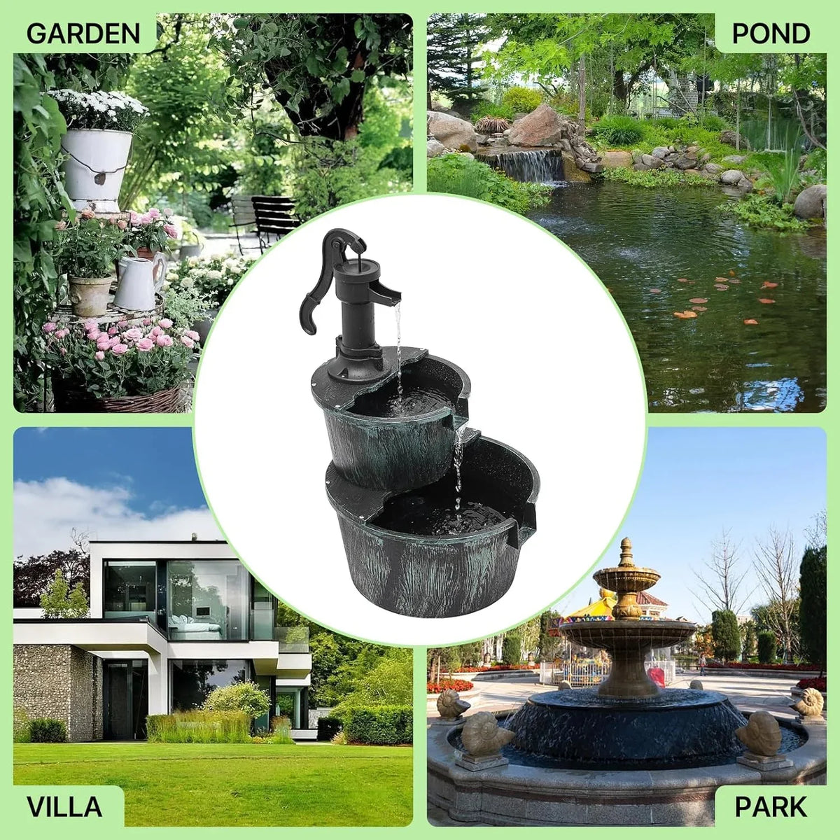 Cascading Water Electric Backyard 2-Tier Pump Garden Porch For Waterfall With Teal Patio Rustic Fountain Decor, Outdoor Fountain Blue Freestanding