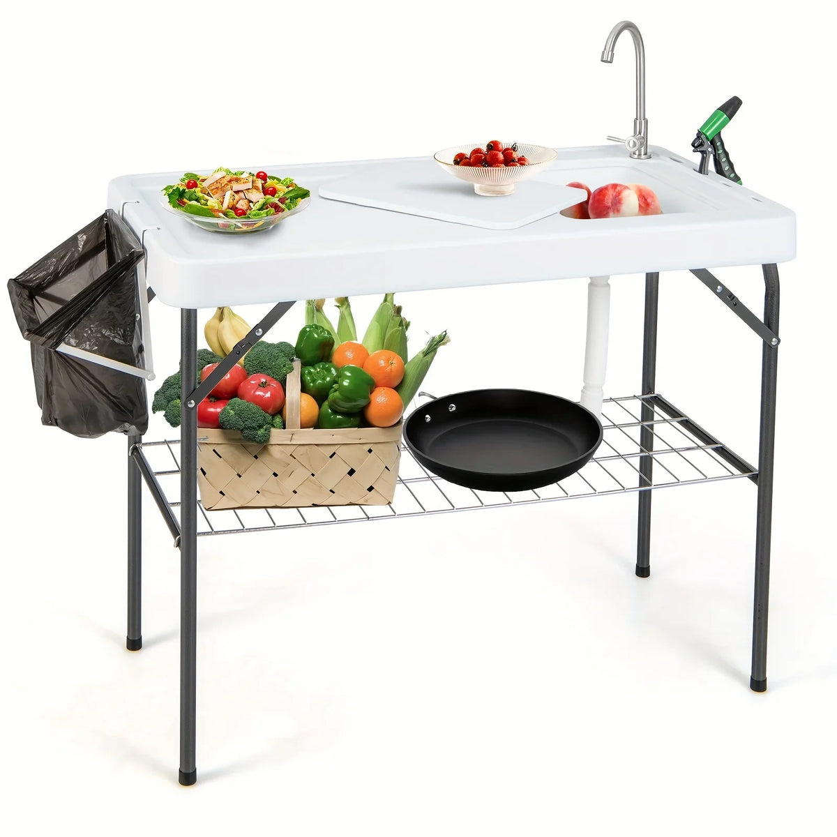 Fish Portable Camping W/ Faucet Grid Cleaning Table Table, Folding Hose Rack