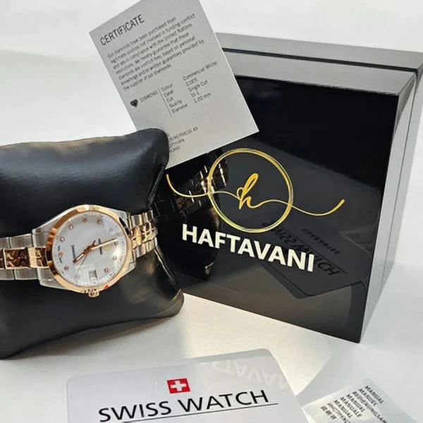 Diamonds -100M Stainless – Swiss - Haftavani Queen Watch - With Lady Diamond Marble Bicolour Silver-Rose Waterproof Quartz Gold Steel Face Genuine Made