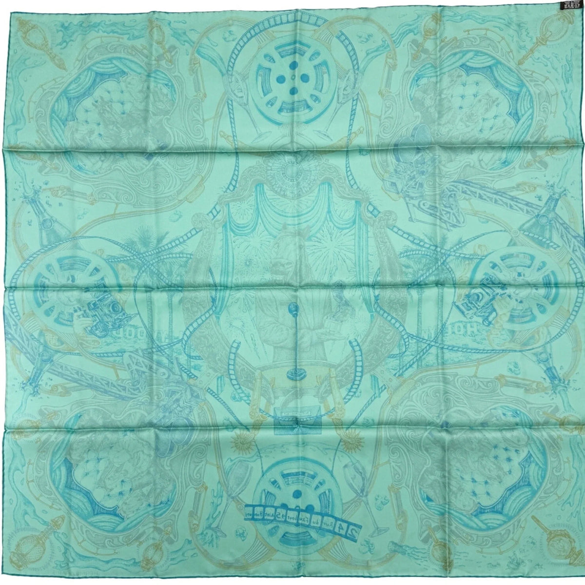 Pre-Owned (Like Kare90 New) Award Silk Hermes Blue HERMES Horsewards Gray Large Horse Scarf Ladies The Green